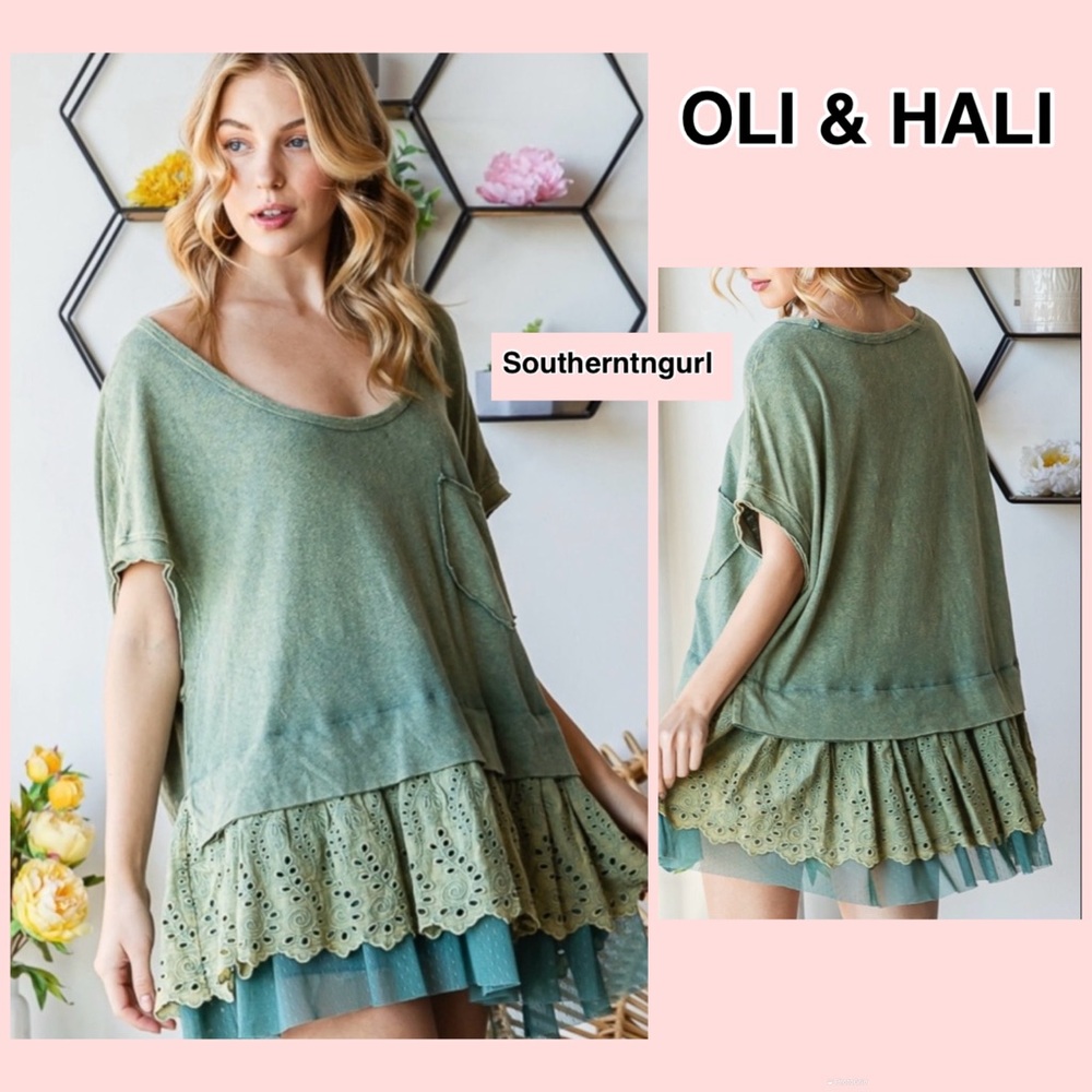 NWT OLI & HALI Oversized Mineral Washed Eyelet Short Sleeve Top Blouse Tunic